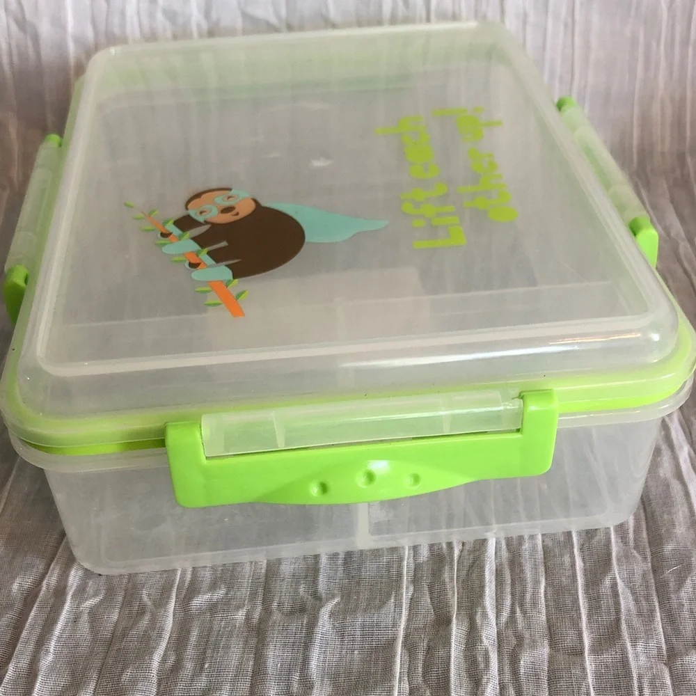 SLOTH themed rectangle Tupperware like container food storage with 3 sections